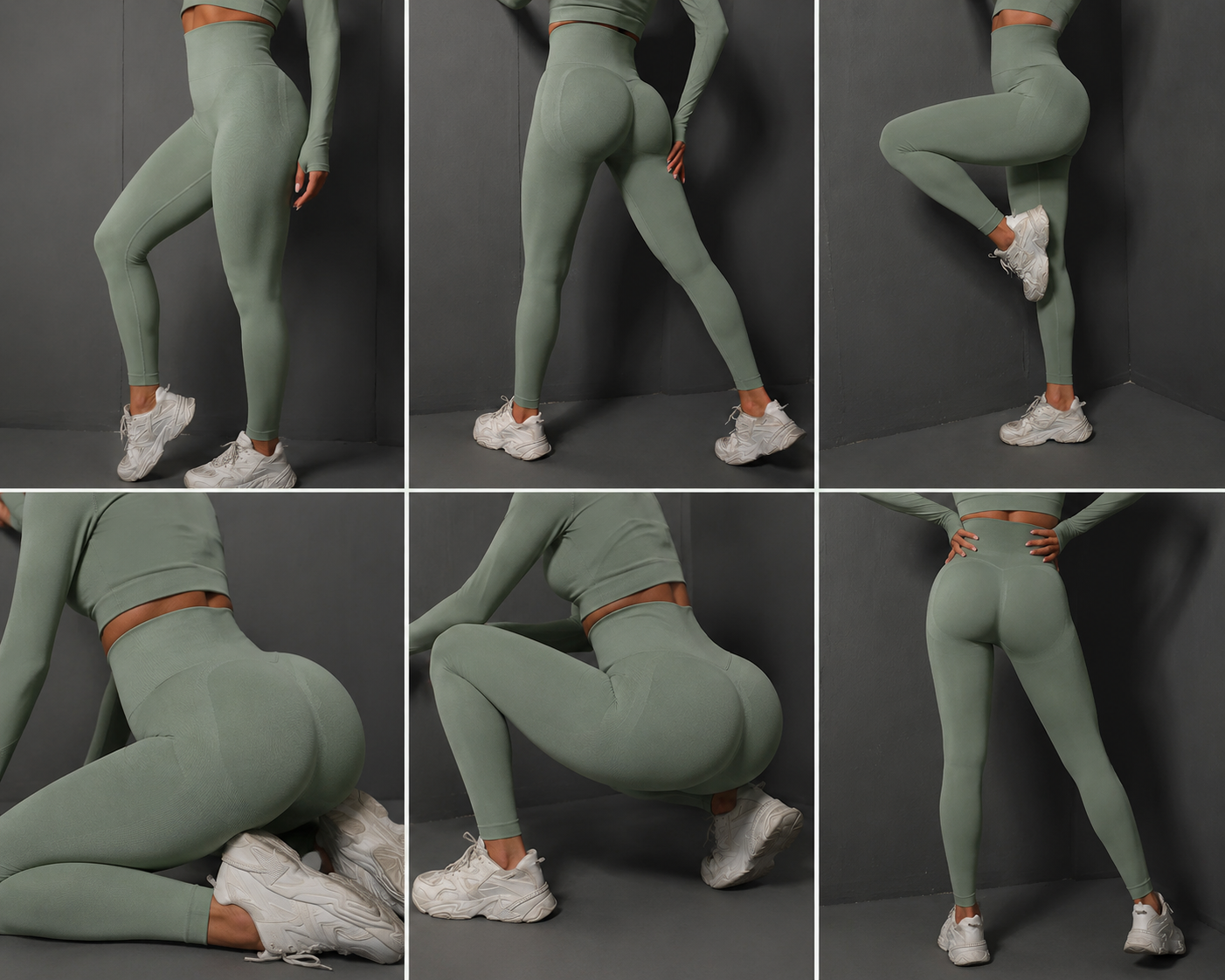 Collage of a person wearing green leggings and white sneakers against a gray background