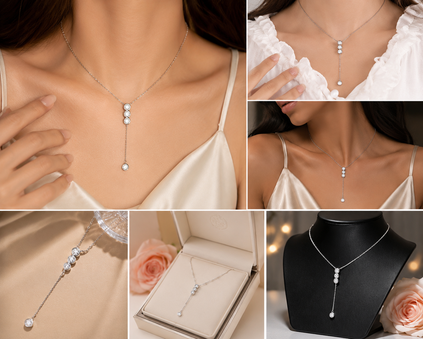 Collage of a silver necklace with a pendant worn by a woman, displayed on a mannequin, and in packaging.