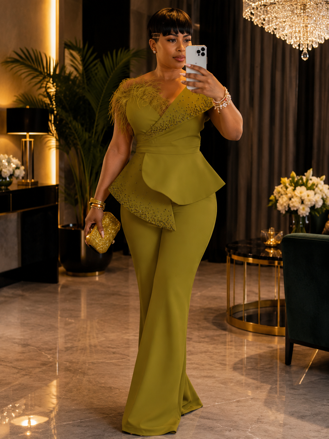 Ruby Royale Feather Jumpsuit