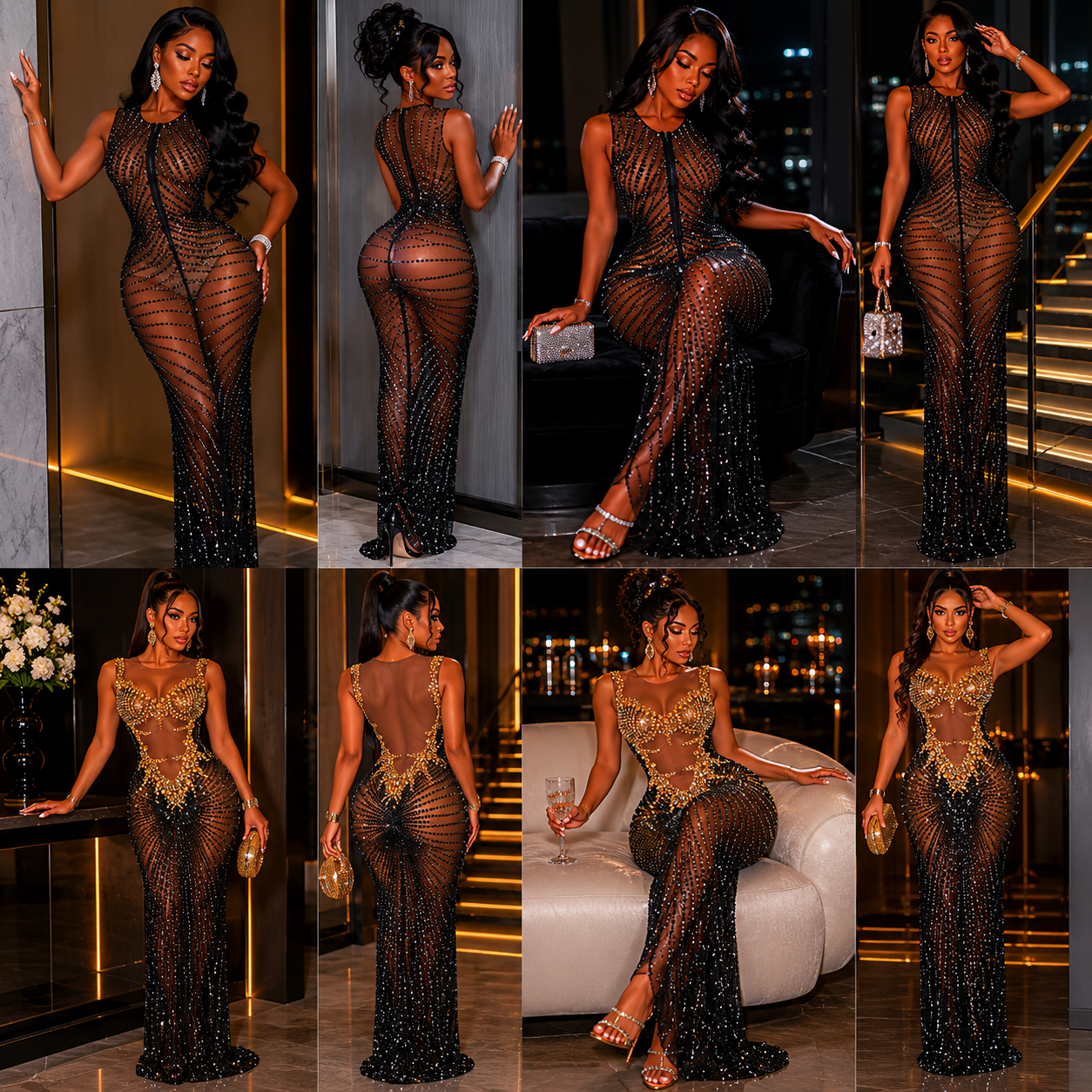 Collage of a woman wearing a glamorous evening gown in various settings.