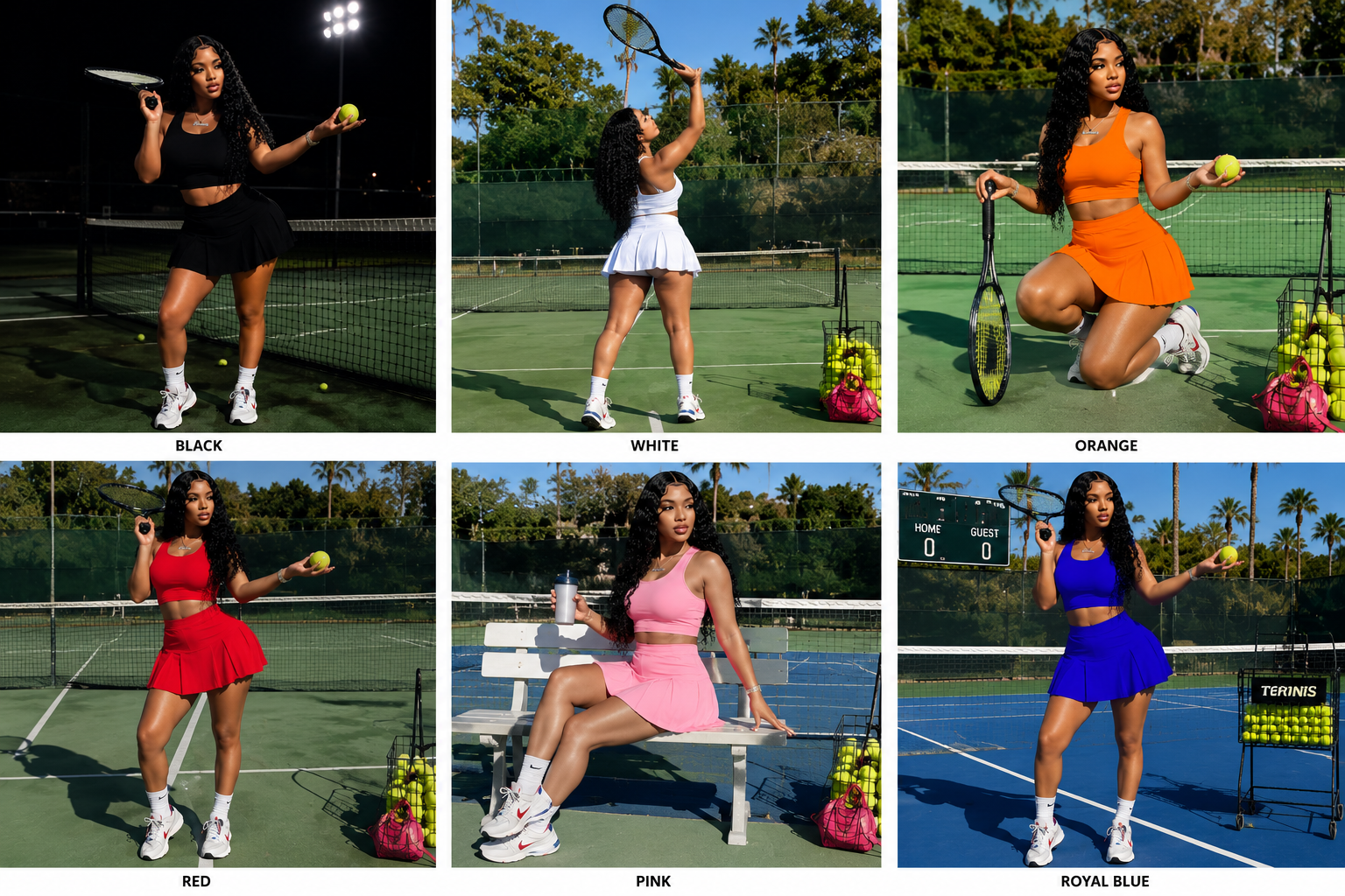 Grid of a woman in different tennis outfits on a tennis court.