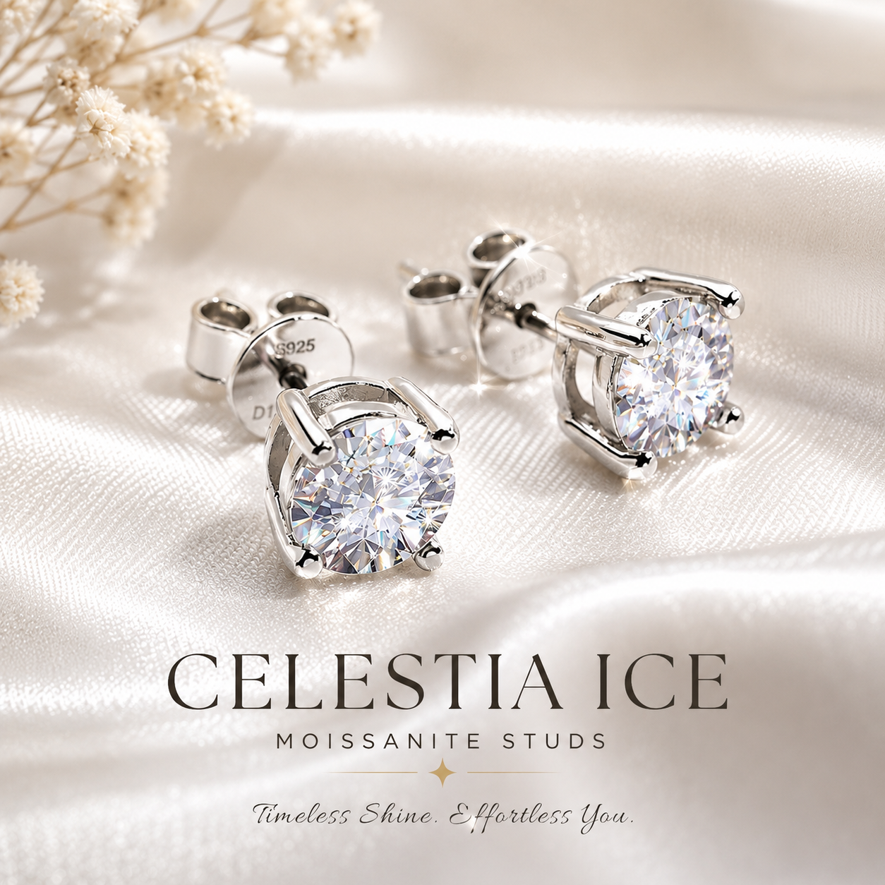 Silver stud earrings with clear gemstones on a soft fabric background, featuring the brand 'Celestia Ice'.