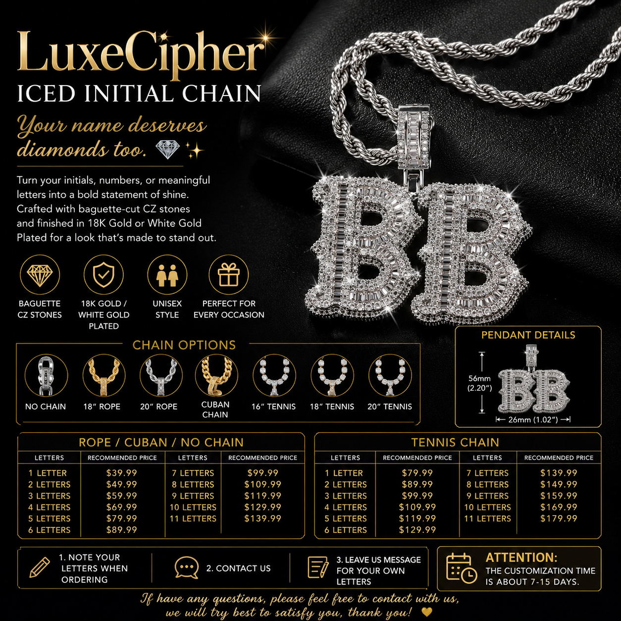 LuxeCipher iced initial chain with 'BB' pendant on a black background