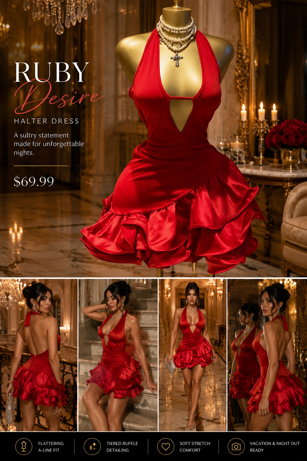 Red halter dress on a mannequin with lifestyle images and product details.