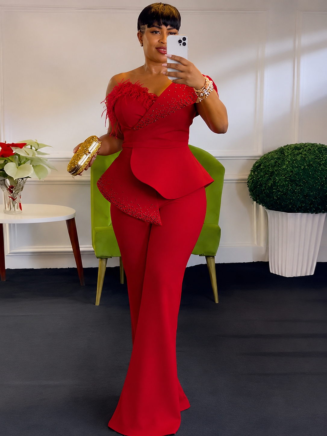 Ruby Royale Feather Jumpsuit