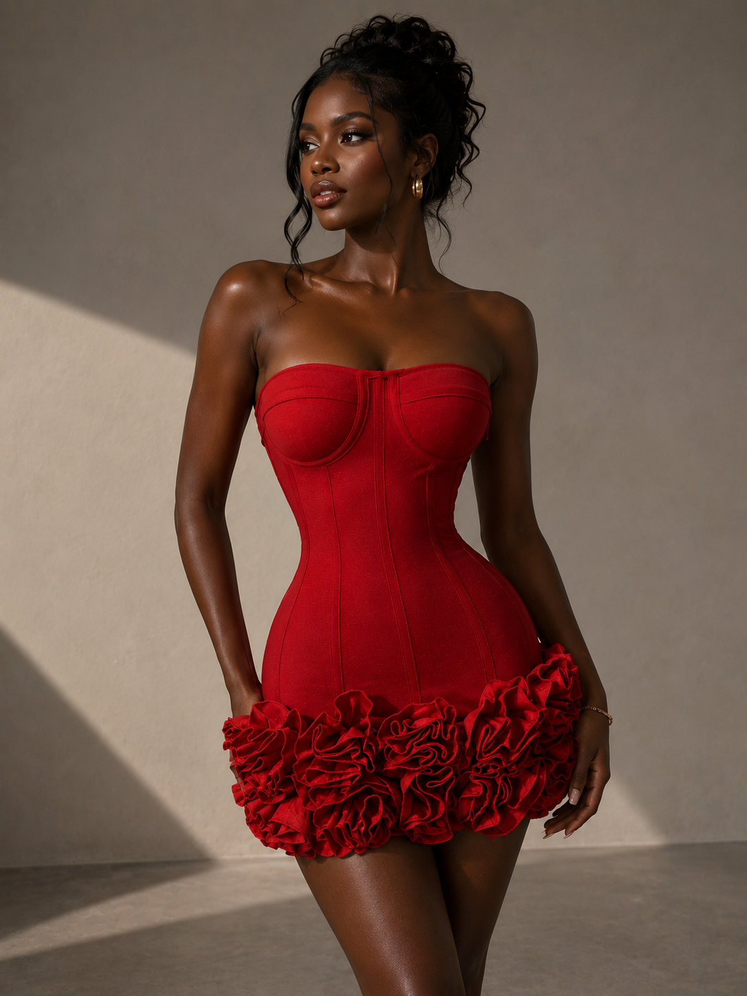 Woman wearing a red strapless dress with floral details against a neutral background