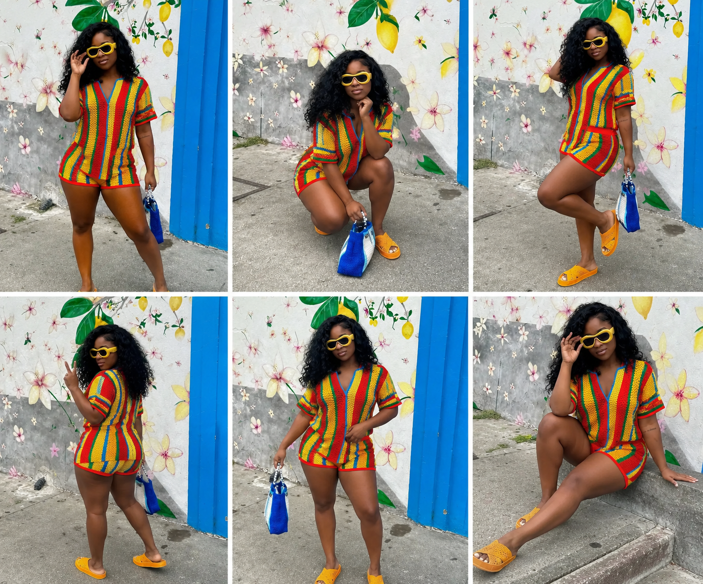 Woman in a colorful striped outfit posing in front of a floral wall.