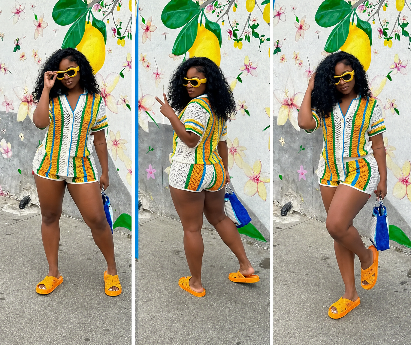 Woman in a striped outfit with sunglasses and sandals posing against a floral and lemon-themed background.