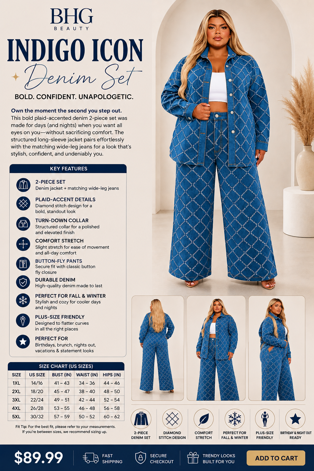Blue denim set with model wearing it, product details on the left, and additional images of the set.