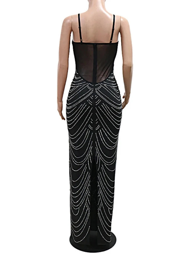 Glamour Gala: Celestial Brown Rhinestone & Pearl Evening Gown