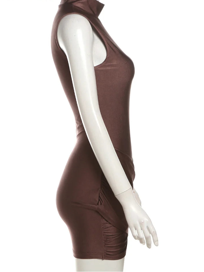 Brown sleeveless top on a mannequin against a white background