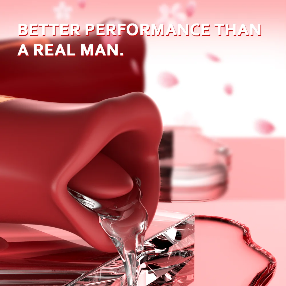 Red silicone product with clear liquid on a pink background, text 'BETTER PERFORMANCE THAN A REAL MAN.'