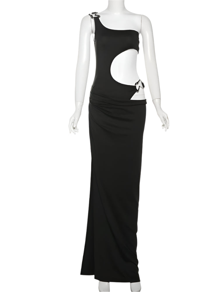 Black one-shoulder dress with white circular cutout on a mannequin against a white background.