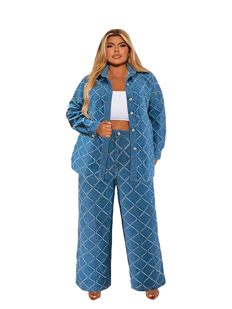 Woman wearing a blue quilted outfit with  in the background