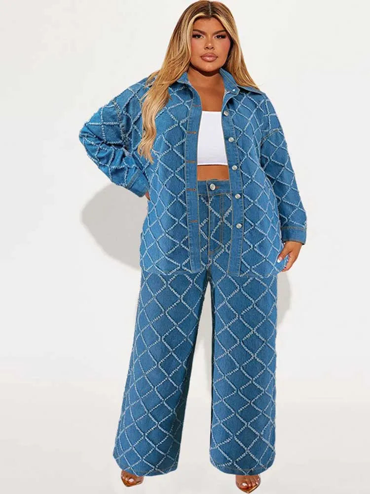 Runway Rebel Plaid Denim 2-Piece Set (Jacket + Jeans) — Plus Size