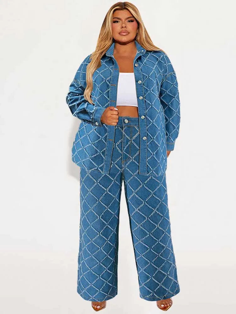 Runway Rebel Plaid Denim 2-Piece Set (Jacket + Jeans) — Plus Size