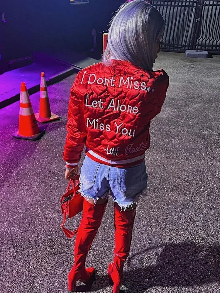 Crimson Crest Varsity Vogue – Embroidered Chic Quilted Jacket