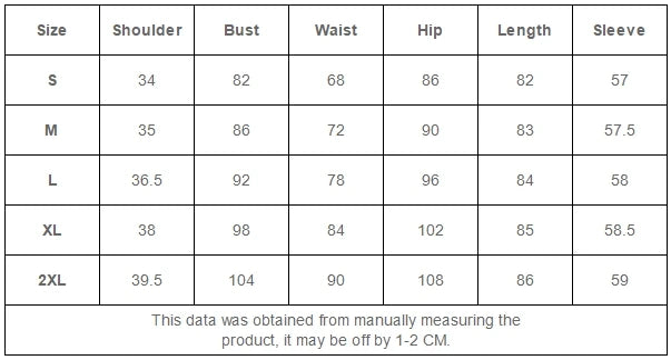 Size chart for clothing with measurements in centimeters