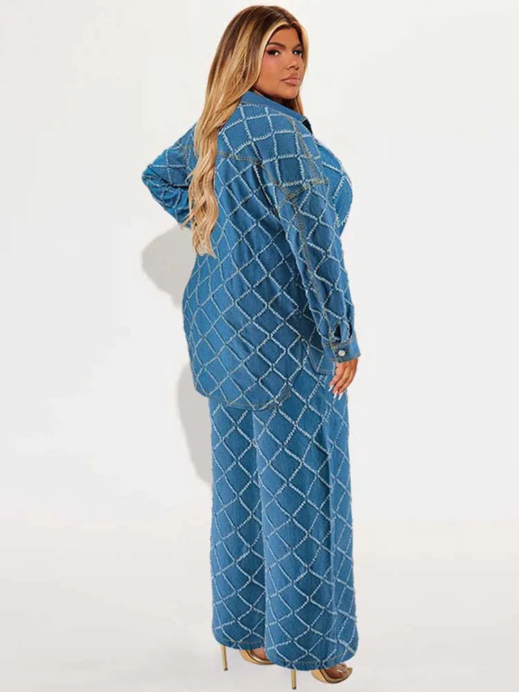Runway Rebel Plaid Denim 2-Piece Set (Jacket + Jeans) — Plus Size