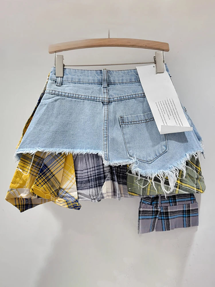 Plaid-ly Deconstructed Denim Diva Skirt