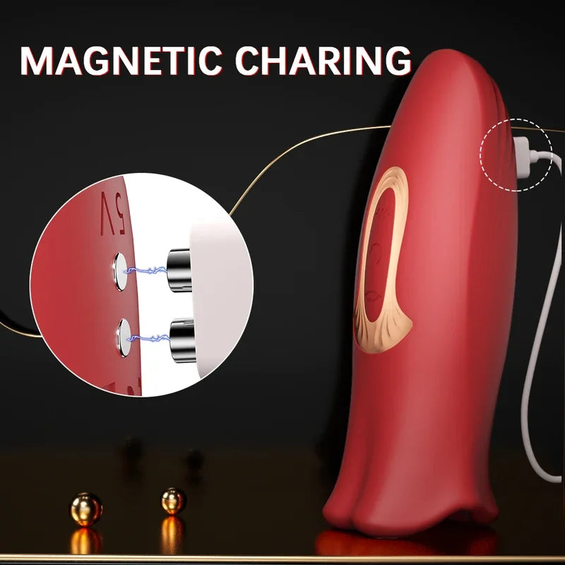 Red electronic device with magnetic charging feature on a black background