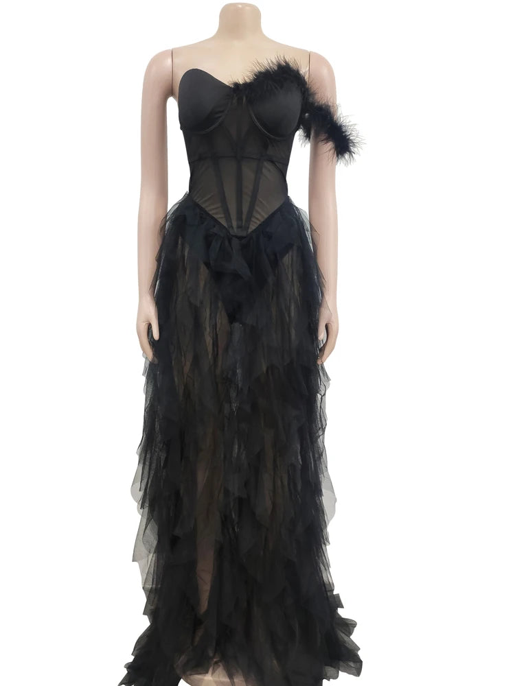 Feathered Fantasy: Sheer Elegance Maxi Gown