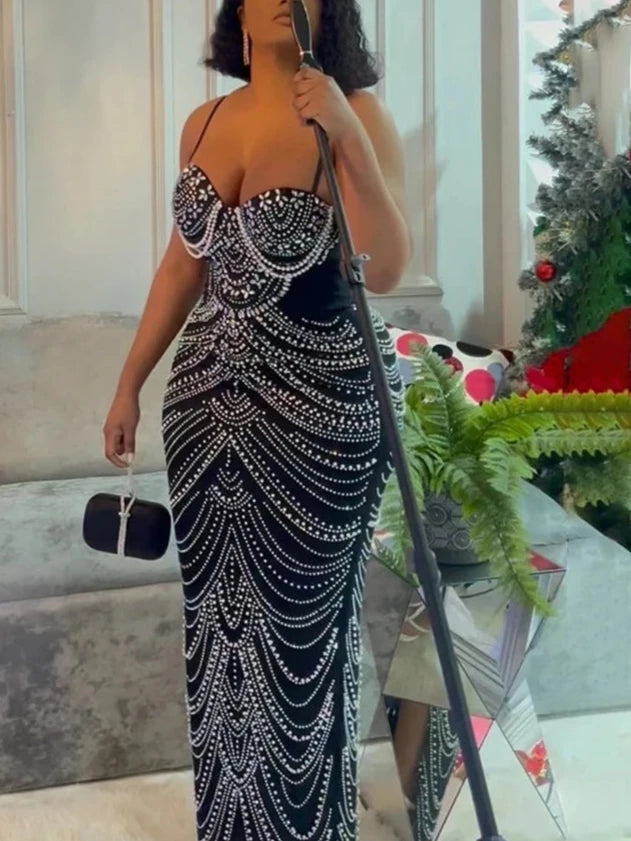 Glamour Gala: Celestial Brown Rhinestone & Pearl Evening Gown