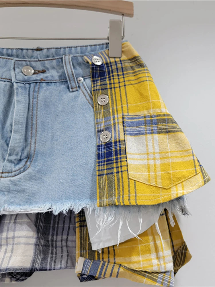 Plaid-ly Deconstructed Denim Diva Skirt