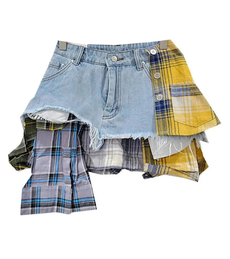 Plaid-ly Deconstructed Denim Diva Skirt
