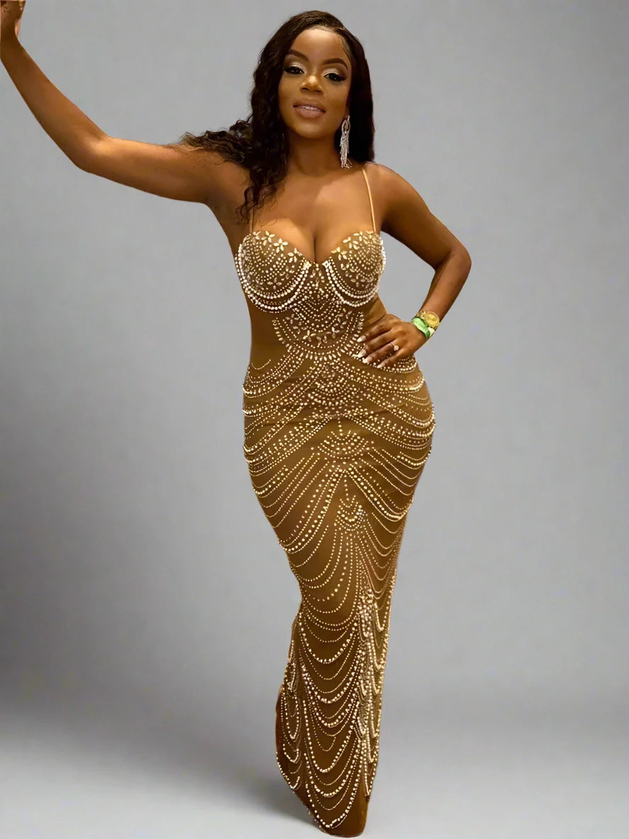 Glamour Gala: Celestial Brown Rhinestone & Pearl Evening Gown