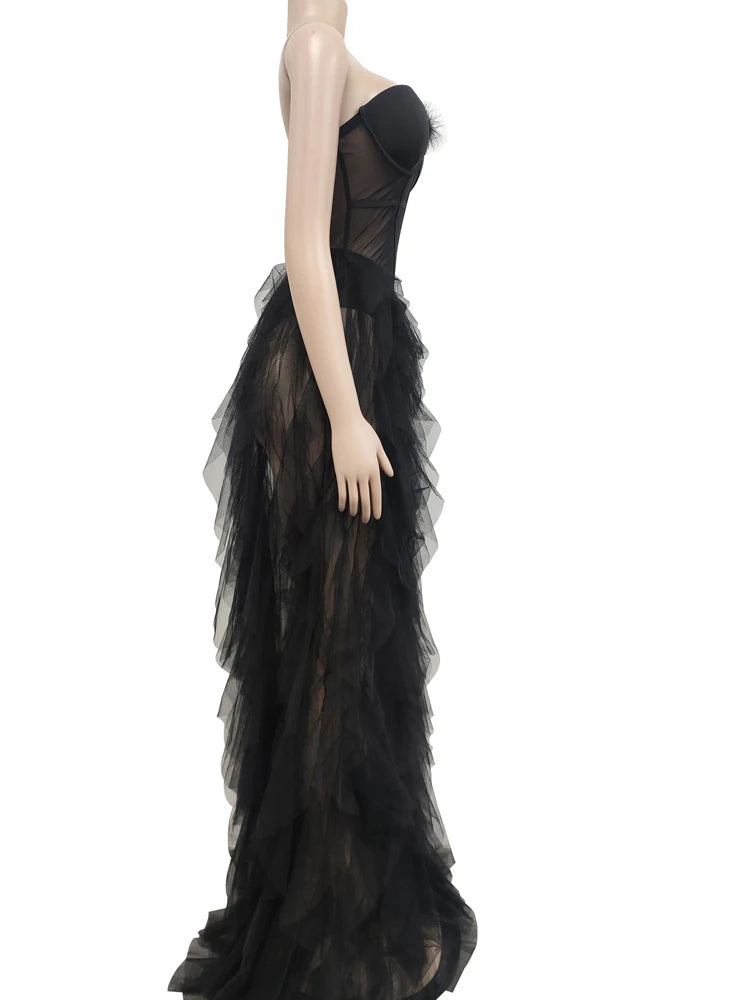 Feathered Fantasy: Sheer Elegance Maxi Gown