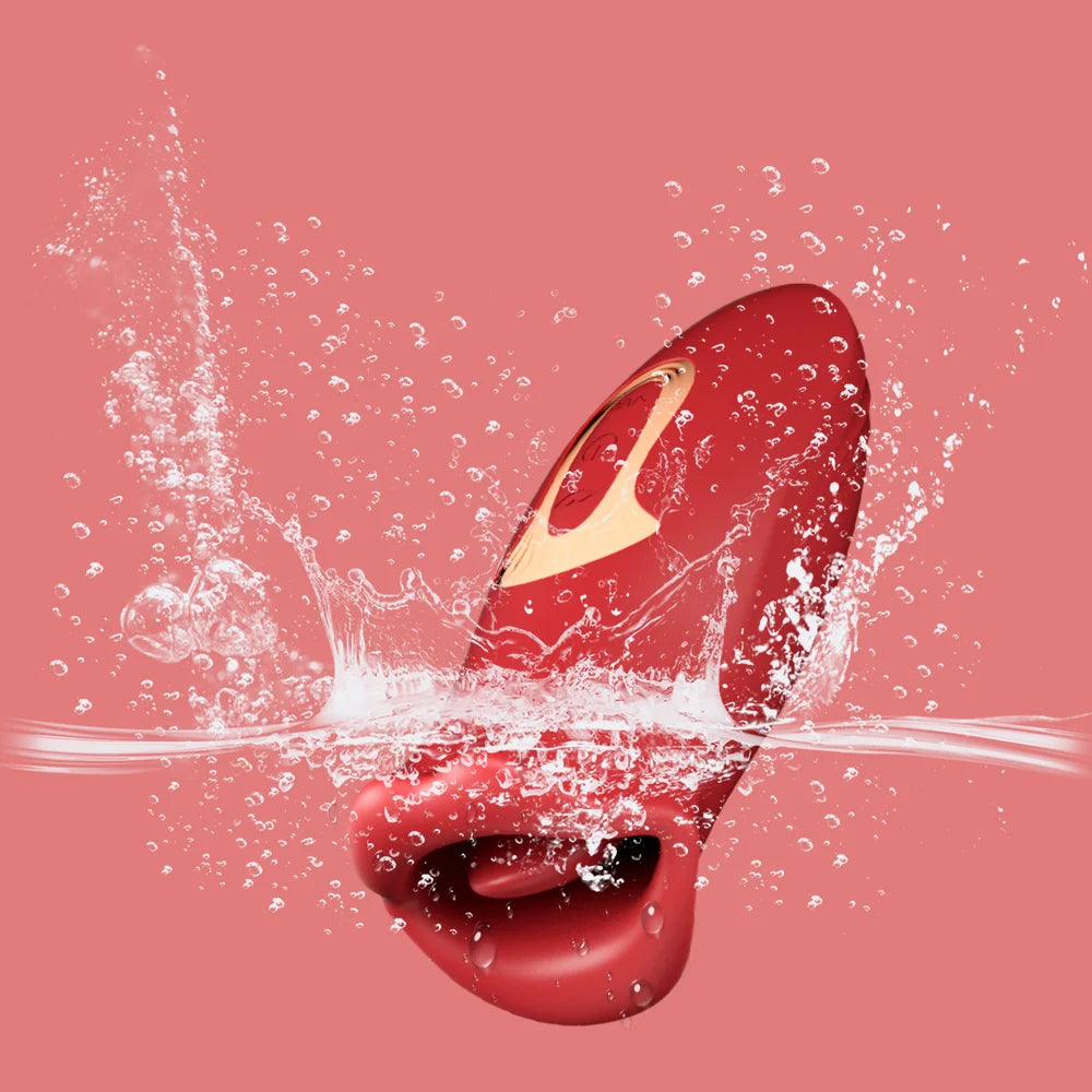 Red shoe with a gold logo splashing into water on a pink background