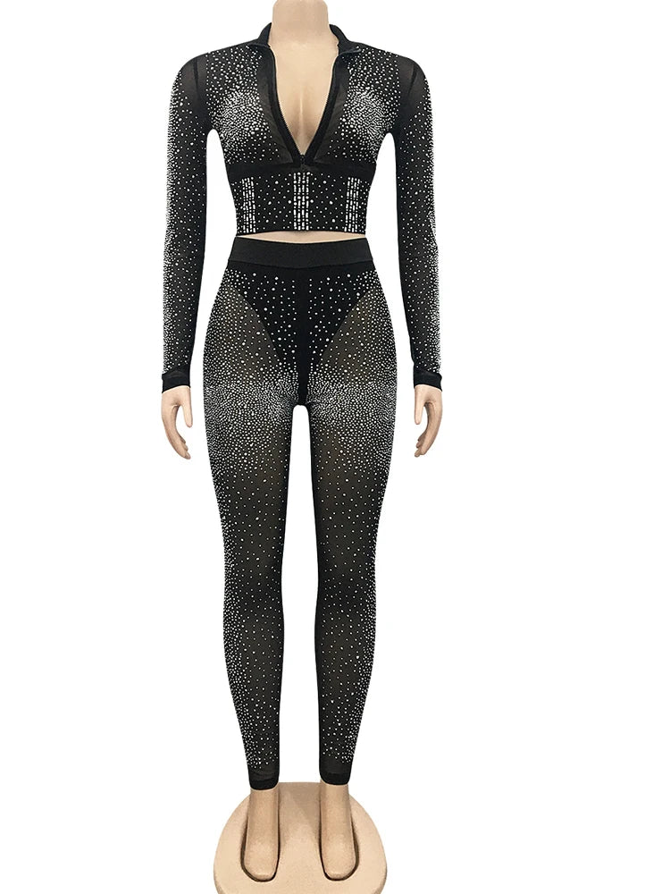 Starlit Soirée: Crystal Cascade Crop & Leggings Ensemble