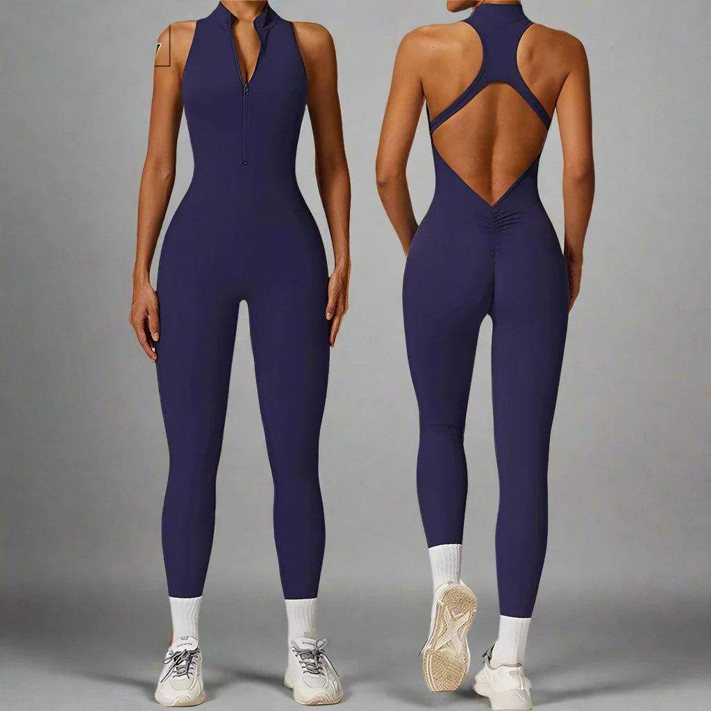 FlexiChic V-Back PowerSuit: The Ultimate Zip & Flip Yoga Romper