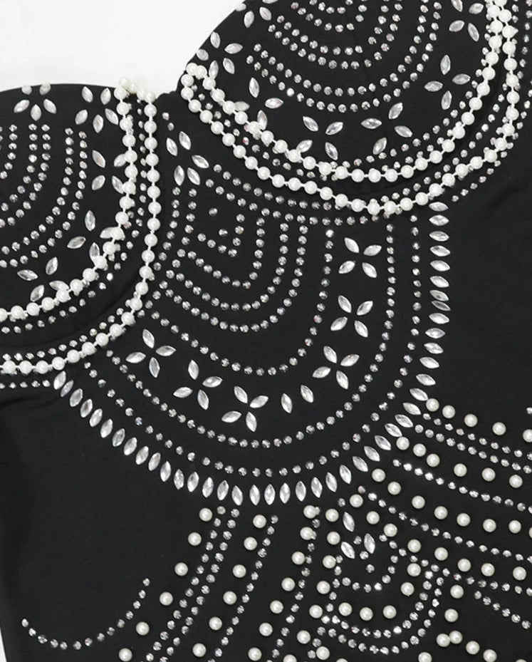 Glamour Gala: Celestial Brown Rhinestone & Pearl Evening Gown