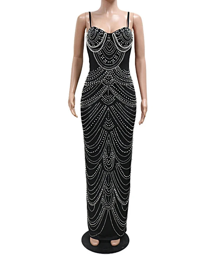Glamour Gala: Celestial Brown Rhinestone & Pearl Evening Gown