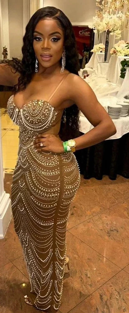 Glamour Gala: Celestial Brown Rhinestone & Pearl Evening Gown