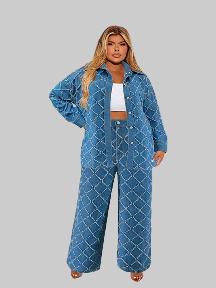 Runway Rebel Plaid Denim 2-Piece Set (Jacket + Jeans) — Plus Size