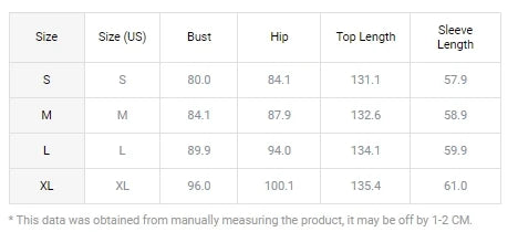 Table showing size chart for clothing with measurements in centimeters