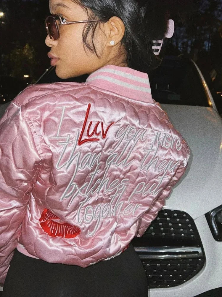 Crimson Crest Varsity Vogue – Embroidered Chic Quilted Jacket