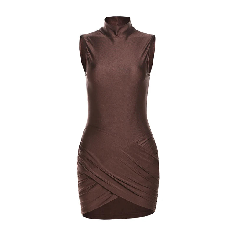 Brown dress with a draped design on a white background