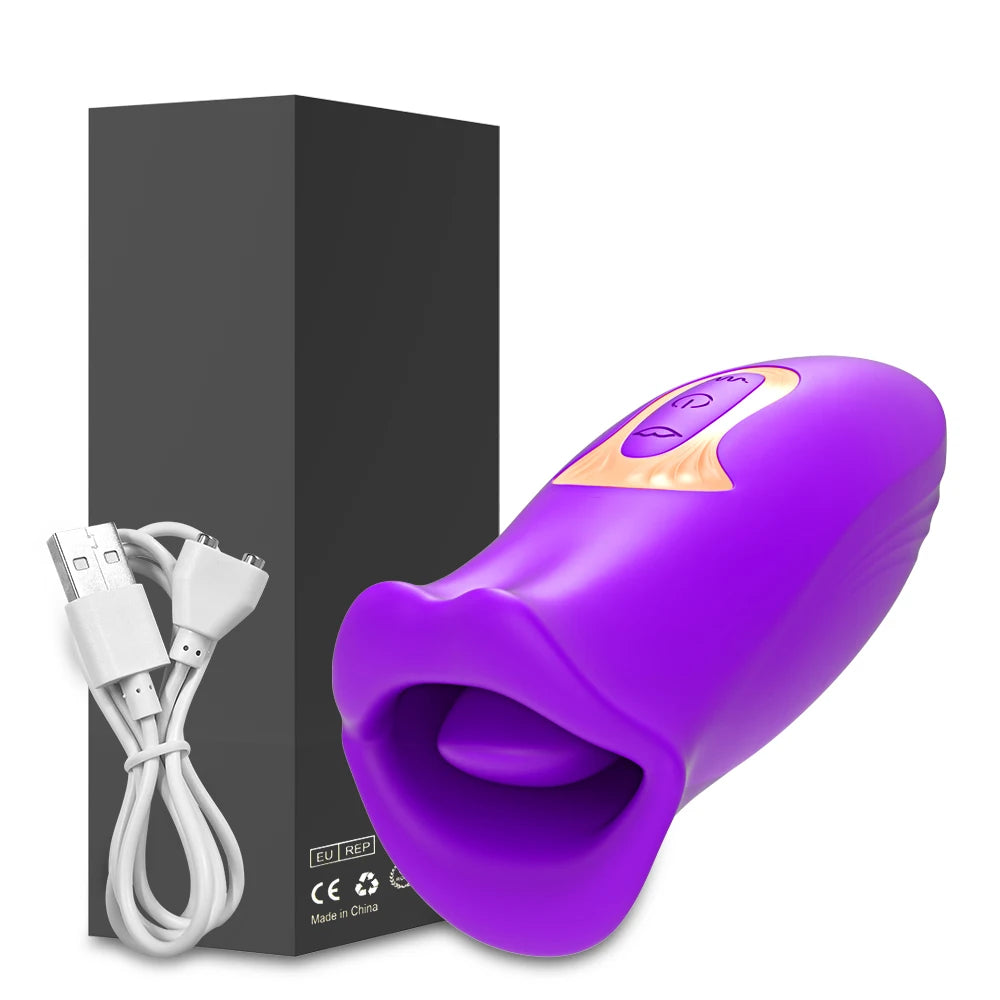 Purple electronic device with USB cable and packaging on a white background