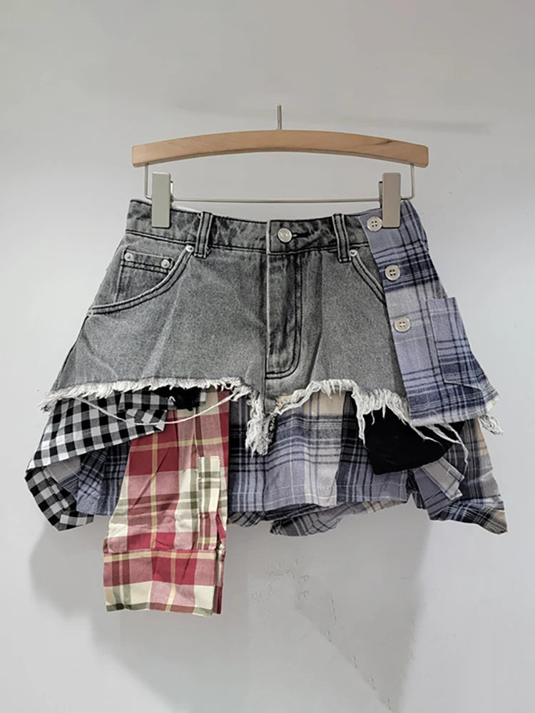 Plaid-ly Deconstructed Denim Diva Skirt