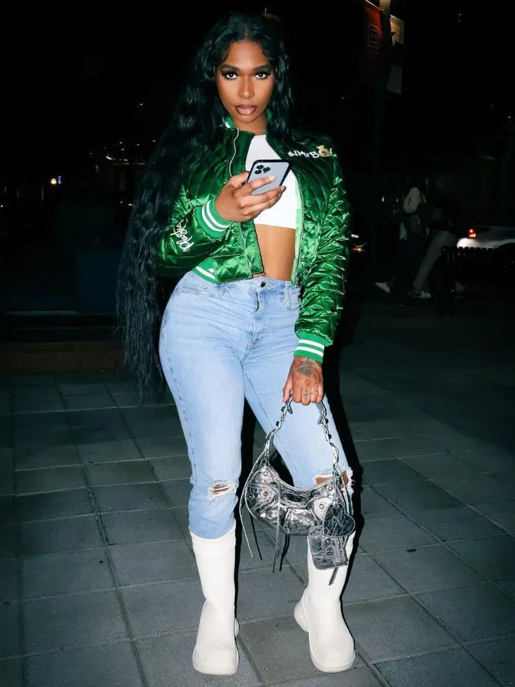 Crimson Crest Varsity Vogue – Embroidered Chic Quilted Jacket