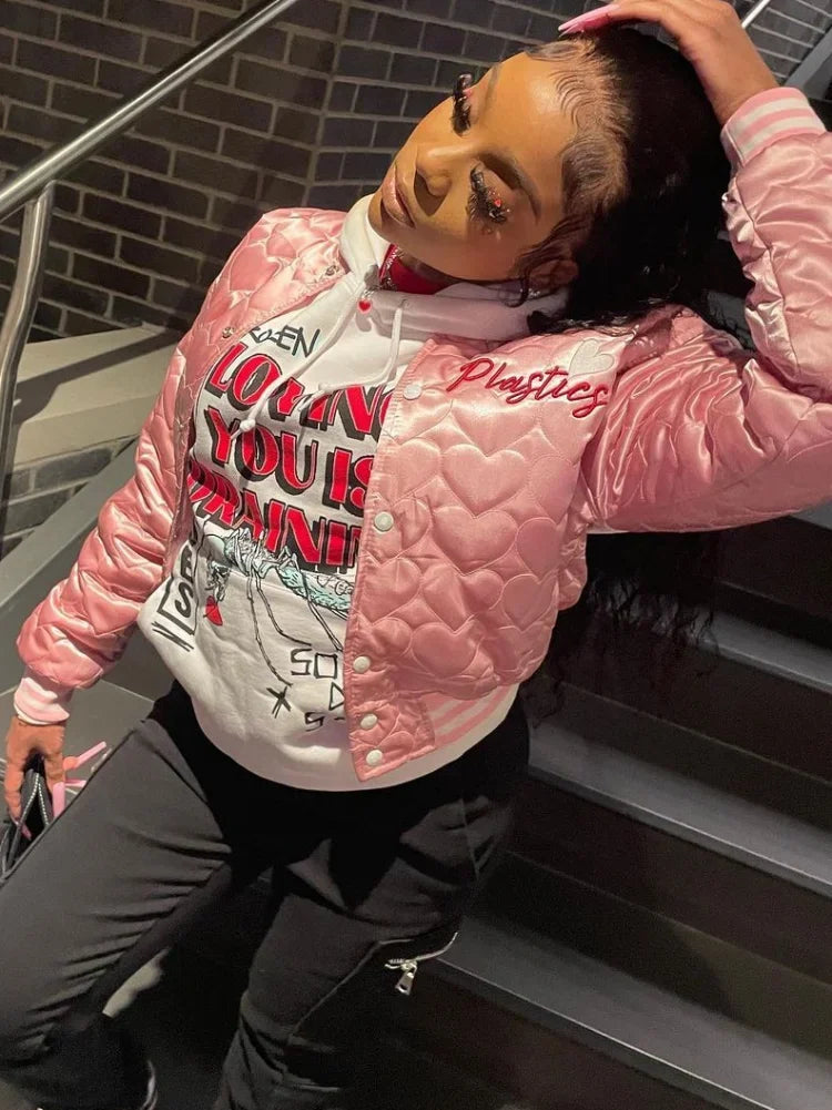 Crimson Crest Varsity Vogue – Embroidered Chic Quilted Jacket