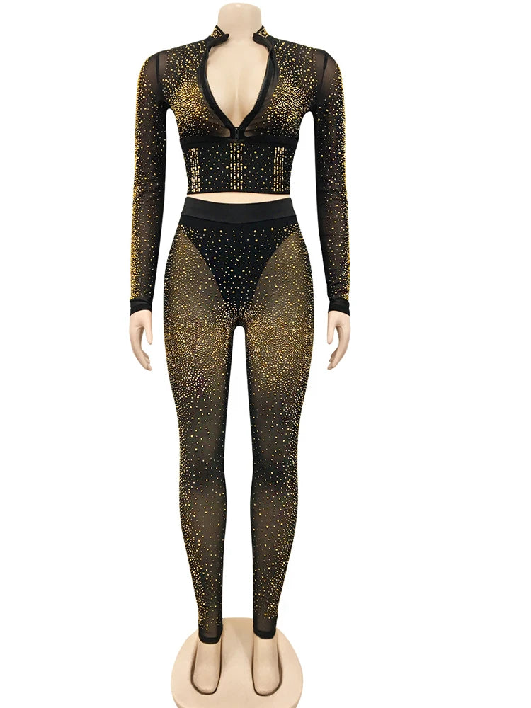 Starlit Soirée: Crystal Cascade Crop & Leggings Ensemble