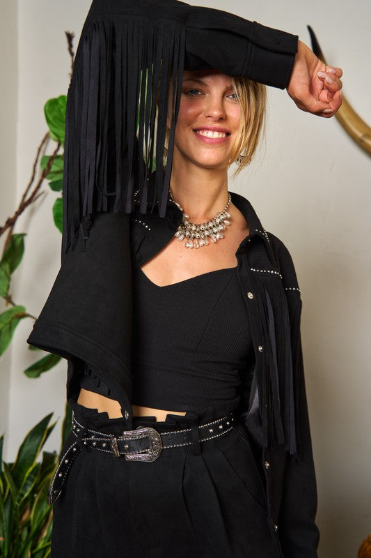 Riviera Reverie: Suede Studded Fringe Artisanal Jacket