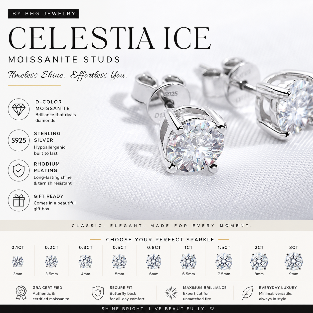 Advertisement for Celestia Ice moissanite stud earrings with product details and specifications.