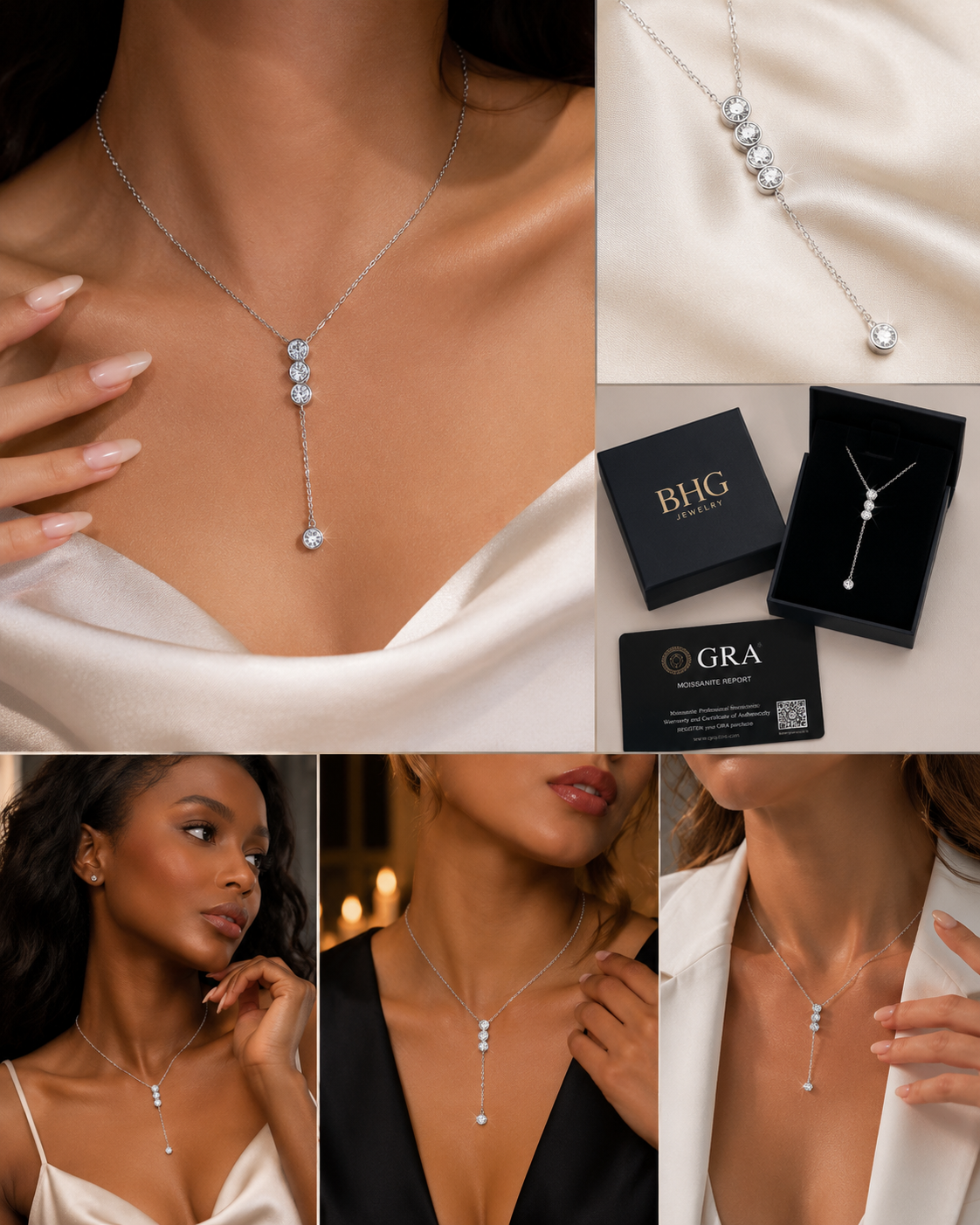 Collage of a silver necklace with a pendant, displayed on a model and in packaging, with visible branding.