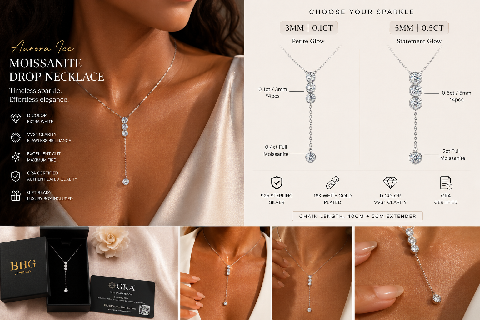 Aurora Ice Moissanite Drop Necklace with product details and brand logos.